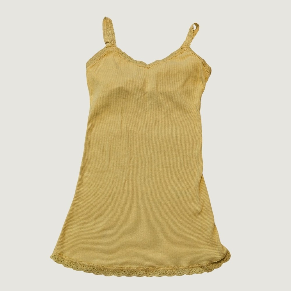 Aeropostale Y2K Lace Trim Cami Sz Small Butter Yellow Ribbed Shelf Bra Tank Top